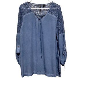 Skye's the Limit Women Blue Blouse Long Sleeve Roll tab Tunic‎ Top Size XL